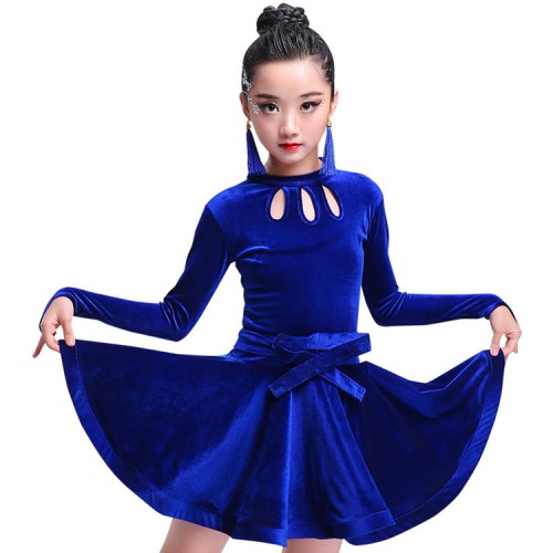  velvet Girls latin dresses royal blue red black long sleeves competition stage performance ballroom latin salsa dance dresses 